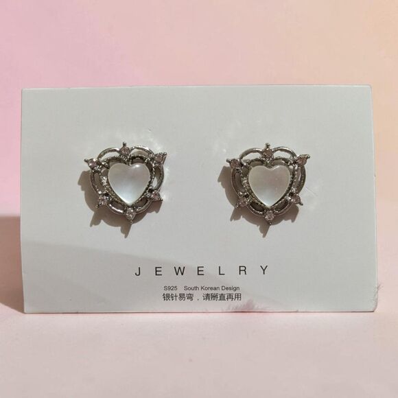 Jewelry - Silver Heart Stud Earrings, Kawaii Coquette Bow Style Jewelry